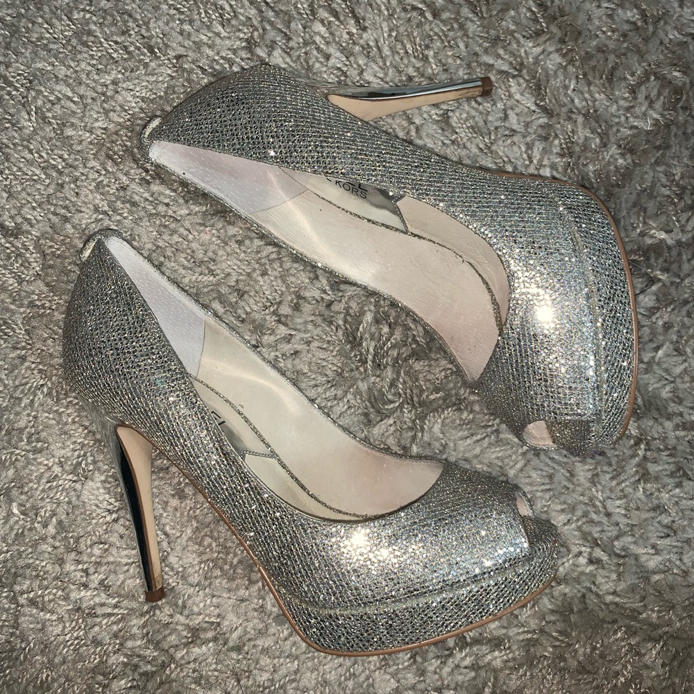 Silver Glittery Michael Kors Peep Toe Heels